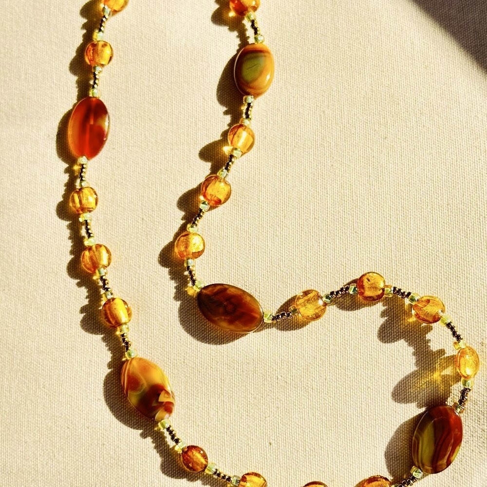 Venetian Murano Gold Glass Foil Beads with Agates Necklace  24" - Picture 3 of 8